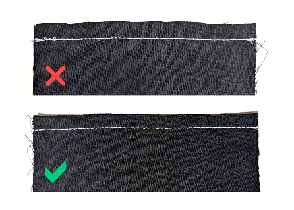 Side-by-side comparison of test stitches on scrap fabric: left shows correct stitches identical on both top and bottom; right shows a threading fault with thread bunching underneath the fabric