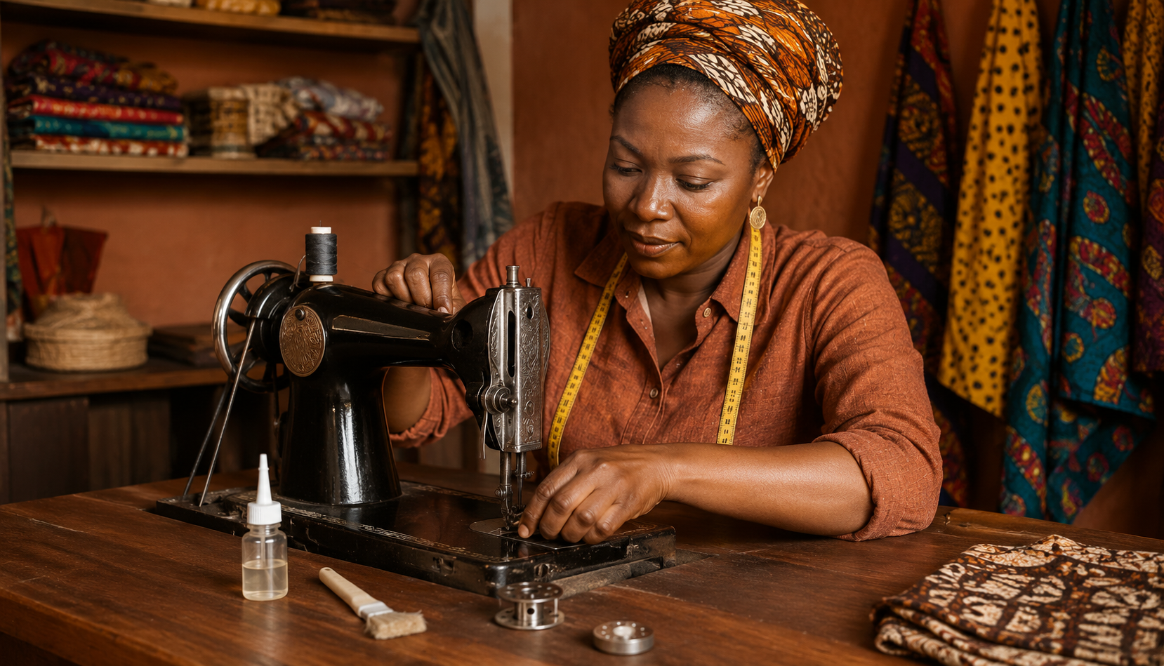 A Nigerian tailoring workshop viewed from inside — a sewing machine on a work table, natural light coming through a window, fabric and everyday workshop items visible in the background.