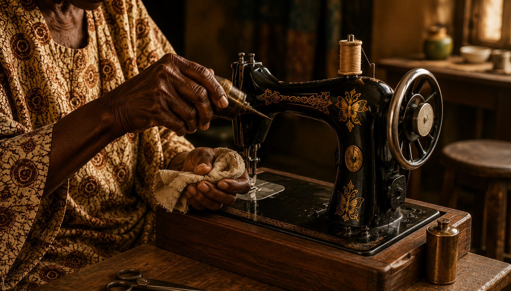 An older Nigerian woman seated beside a vintage black-head sewing machine, one hand resting on the machine and the other holding a folded cloth, a small tin of oil beside her. Her expression is calm and focused.