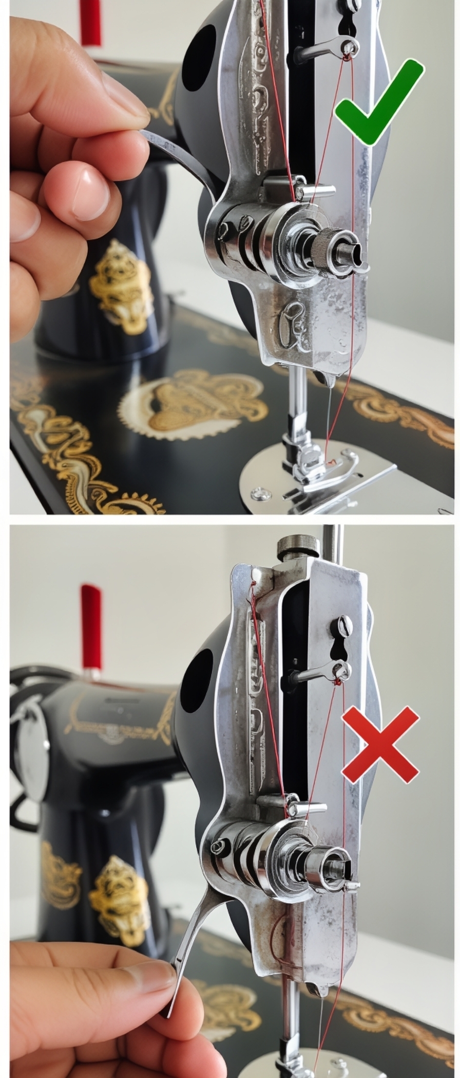 Two side-by-side views of the tension disc assembly: left shows presser foot raised with discs open and thread seated correctly; right shows presser foot lowered with discs closed and thread not gripped