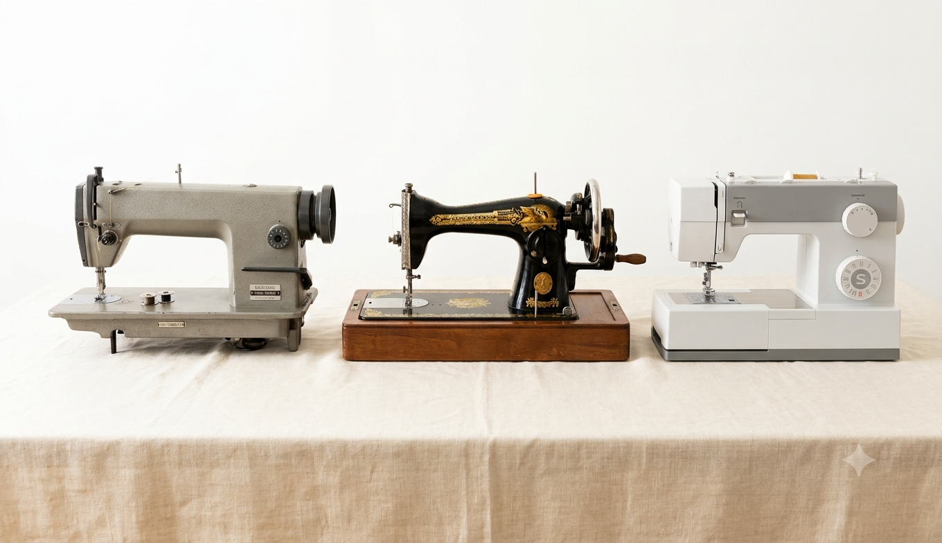 Three sewing machine types displayed side by side: a large industrial sewing machine with a motor underneath; a classic black head treadle machine; and a compact modern tabletop electric machine.