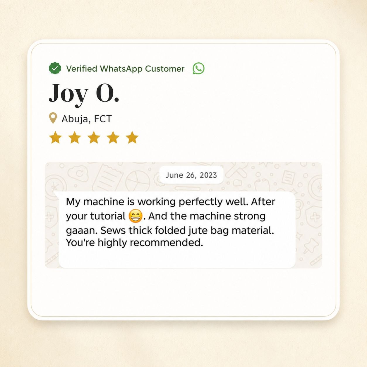 WhatsApp testimonial — early customer result