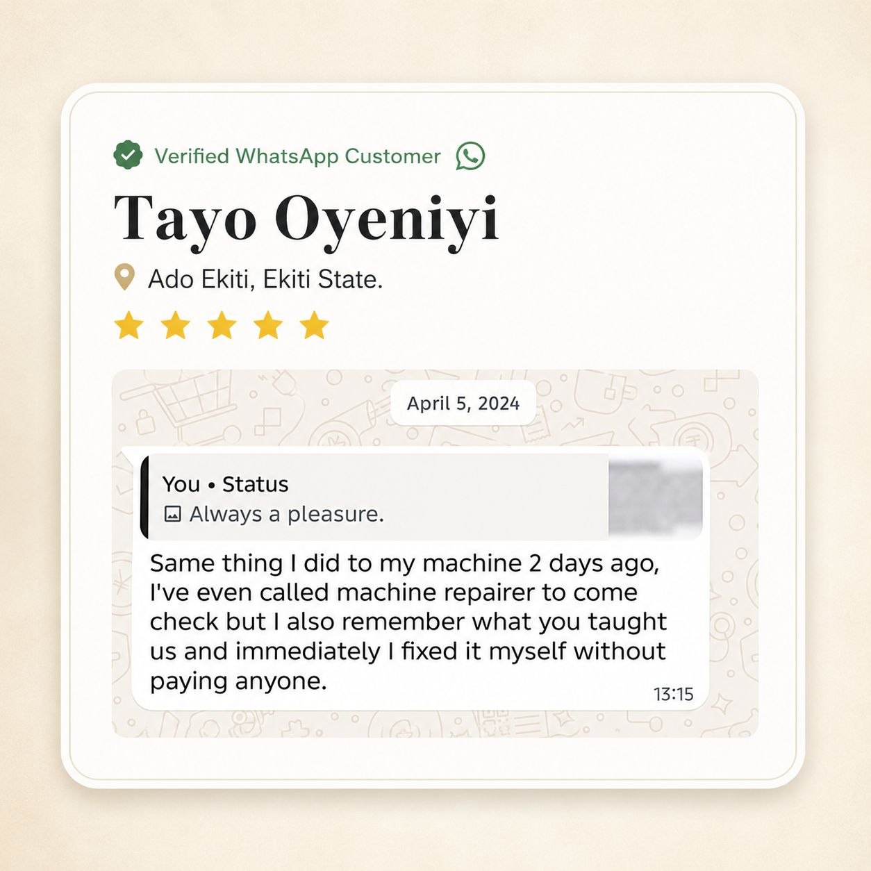 WhatsApp testimonial — early customer result